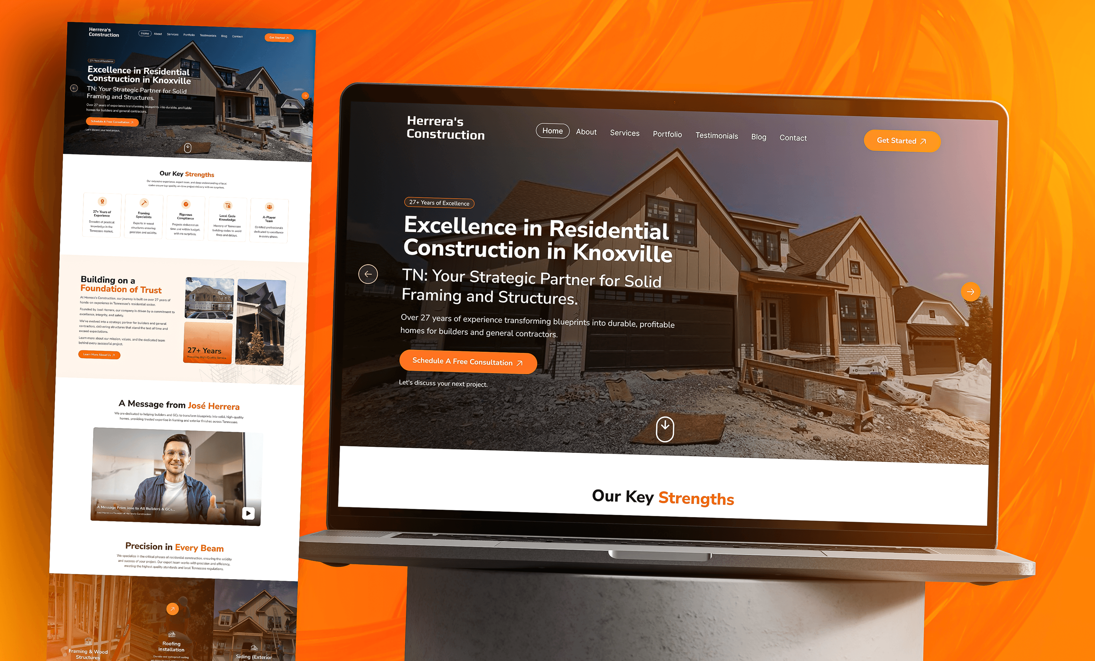 Construction website mockup featuring project gallery, service pages, and contact CTA.