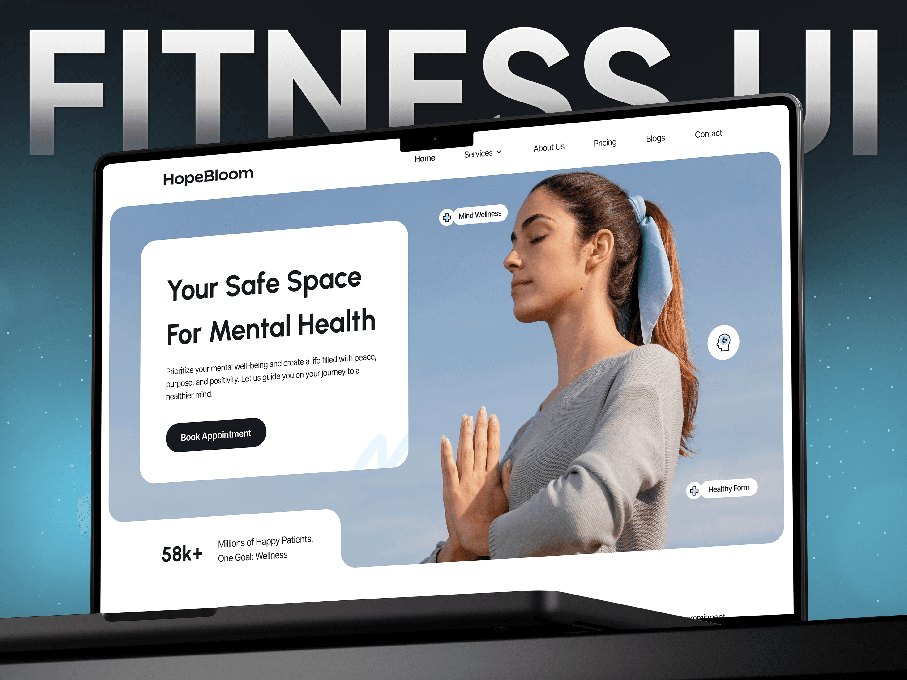 Fitness app UI mockups showing workout plan, progress tracking, and habit streaks.