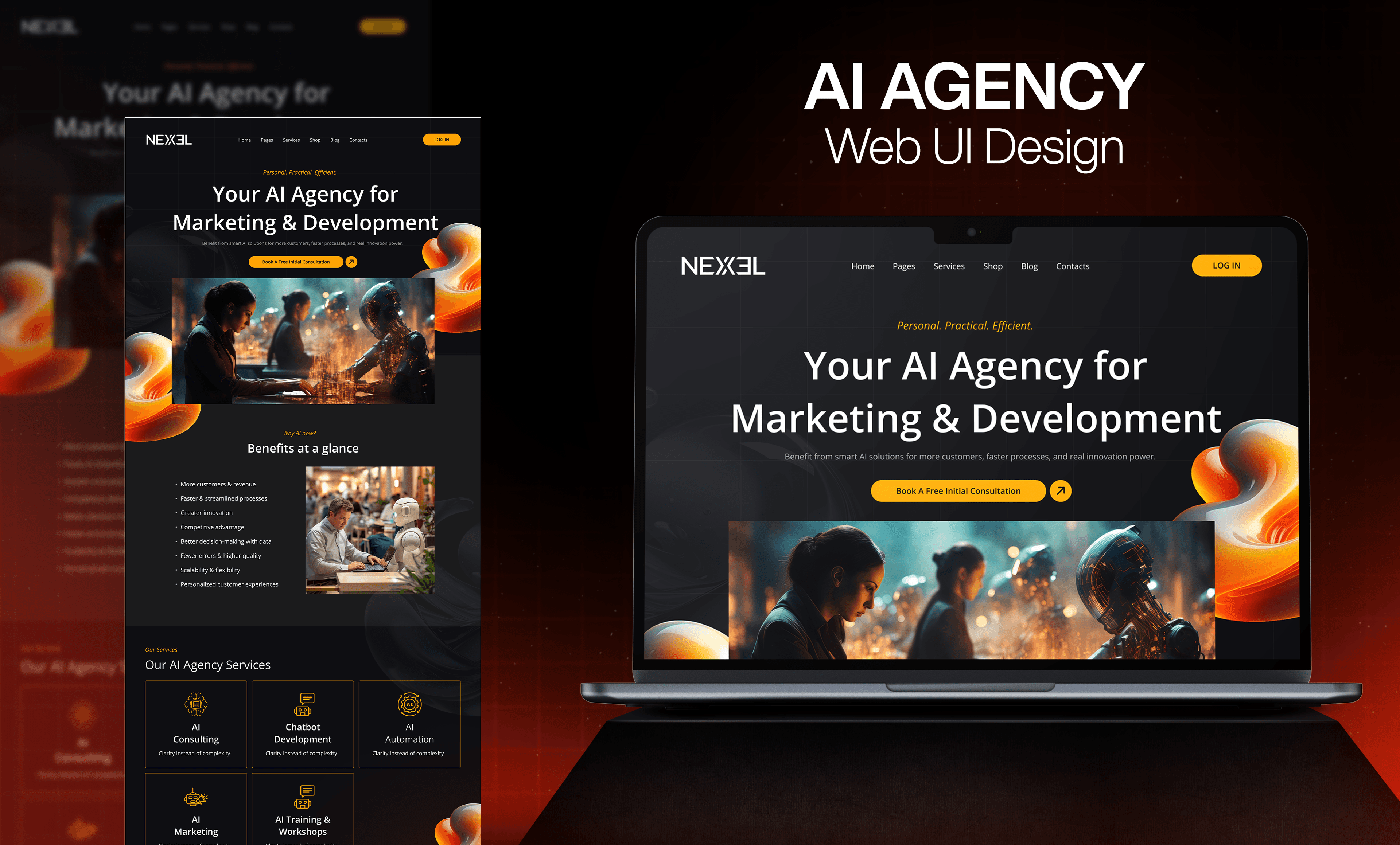 AI agency website mockup with dark premium layout, services, and case studies.