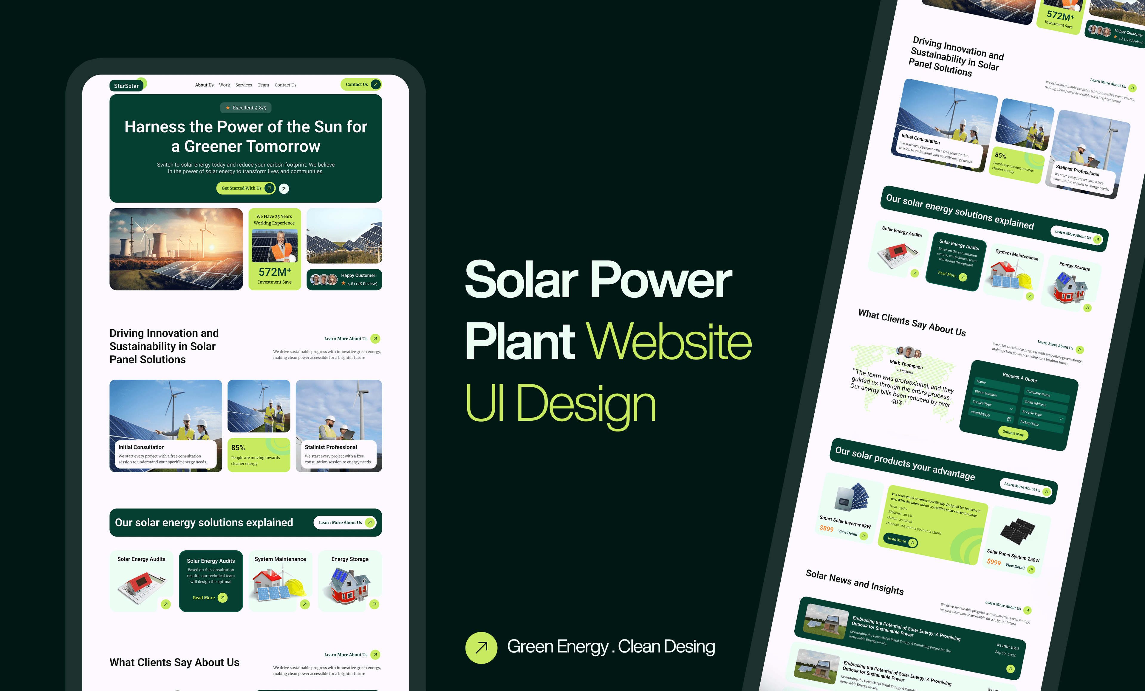 Solar panel website mockup showing homepage, savings section, and quote form.
