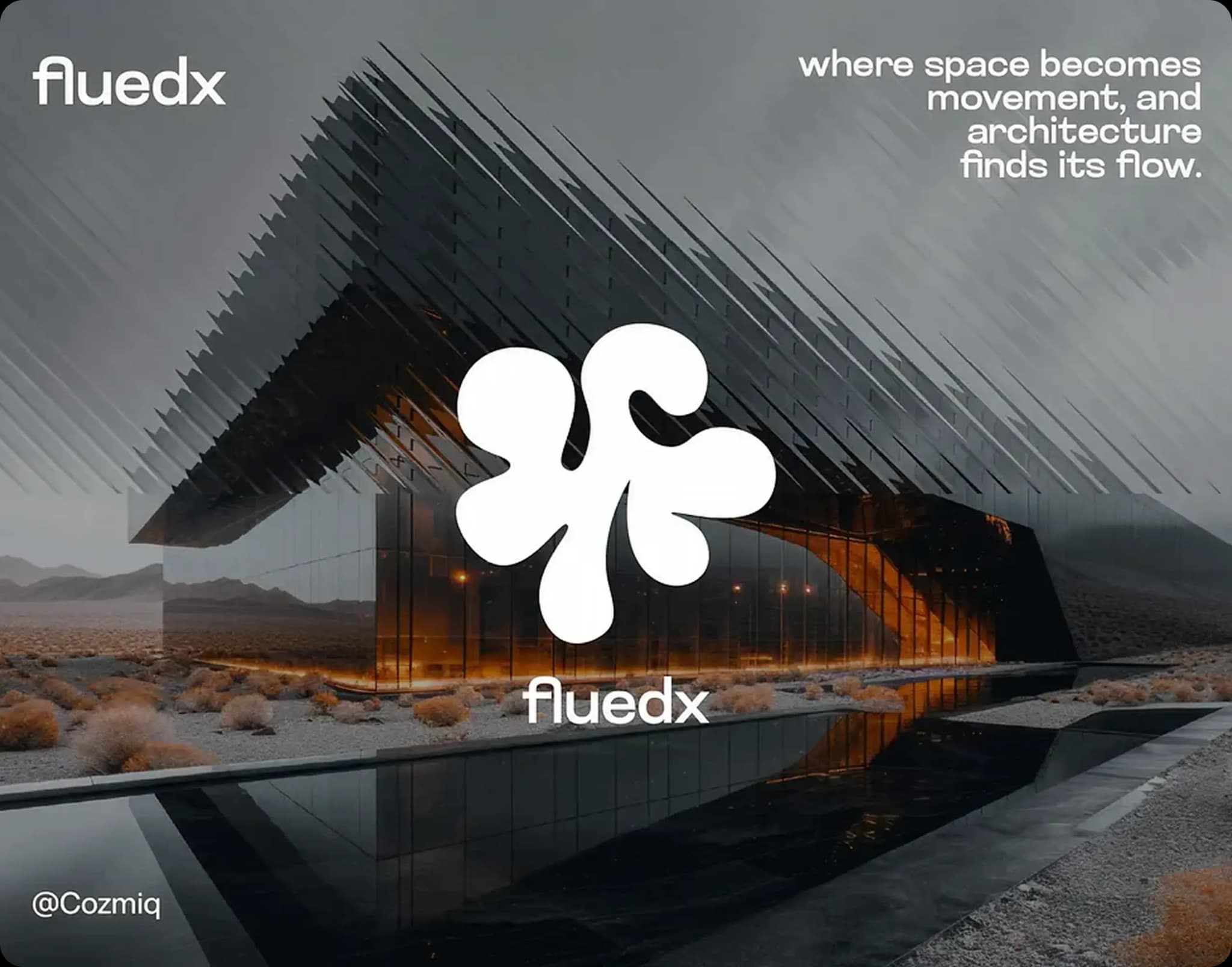 Modern angular glass building in a desert landscape with reflection on water, featuring flowing shapes and text about space, movement, and architecture.