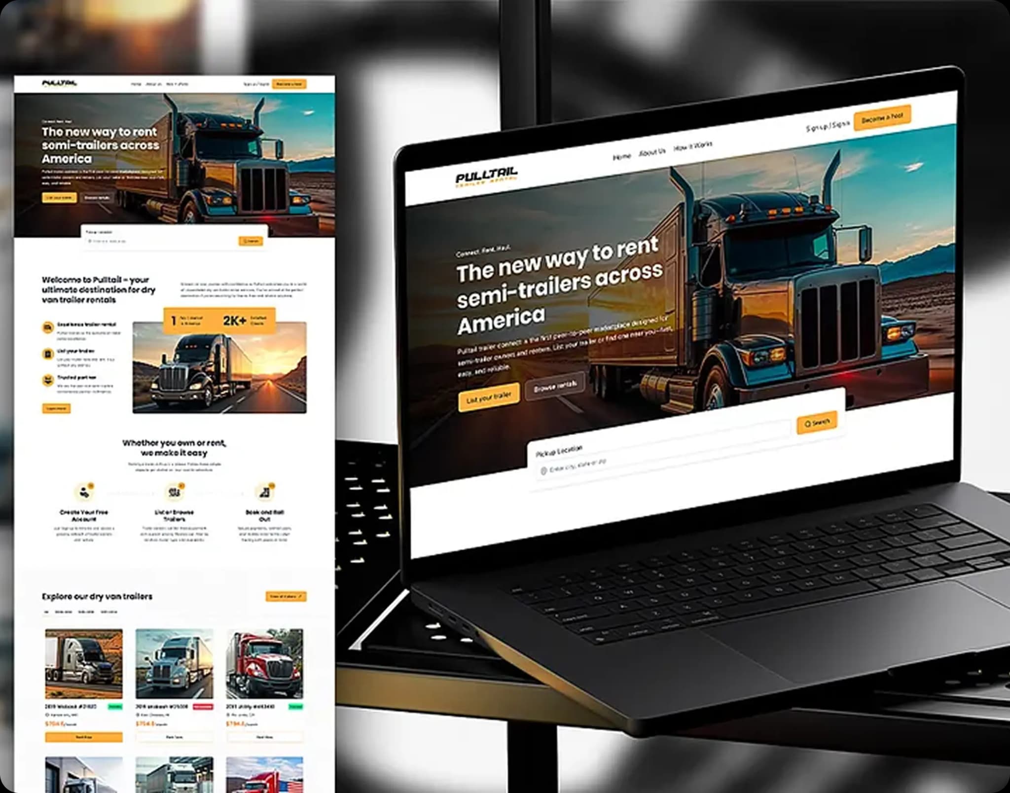 Laptop displaying a website for renting semi-trailers across America with a large semi-truck image and search functionality.