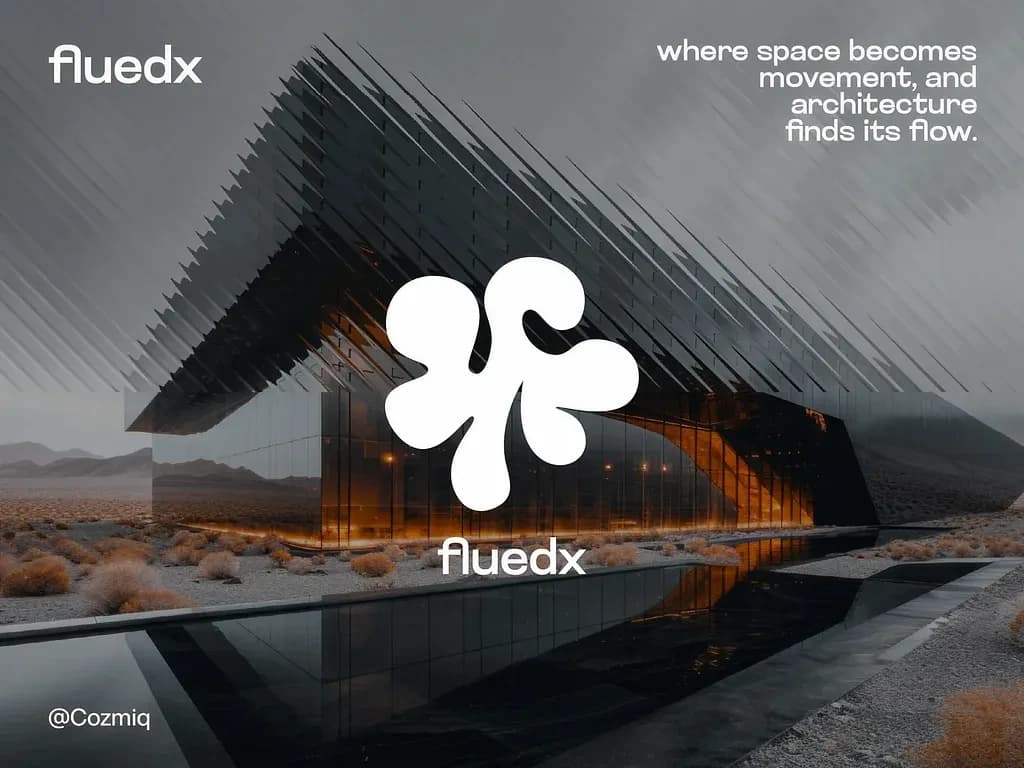 Fluedx brand identity design shown on a desert building facade