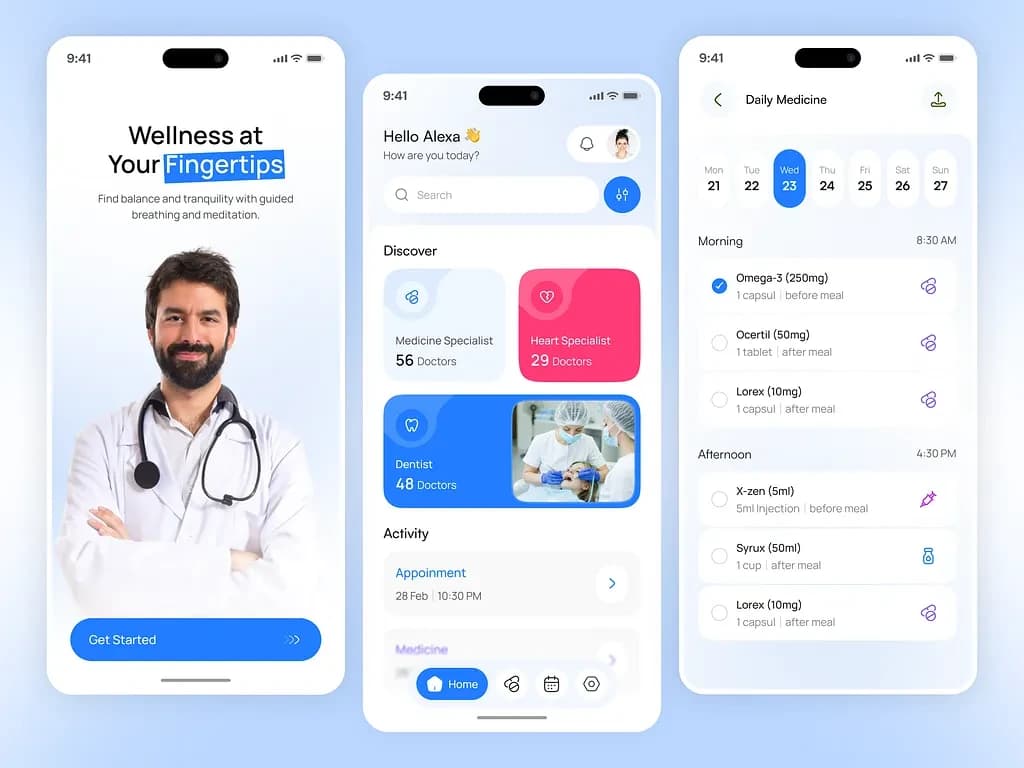 Healthcare mobile app design shown across three phone screens