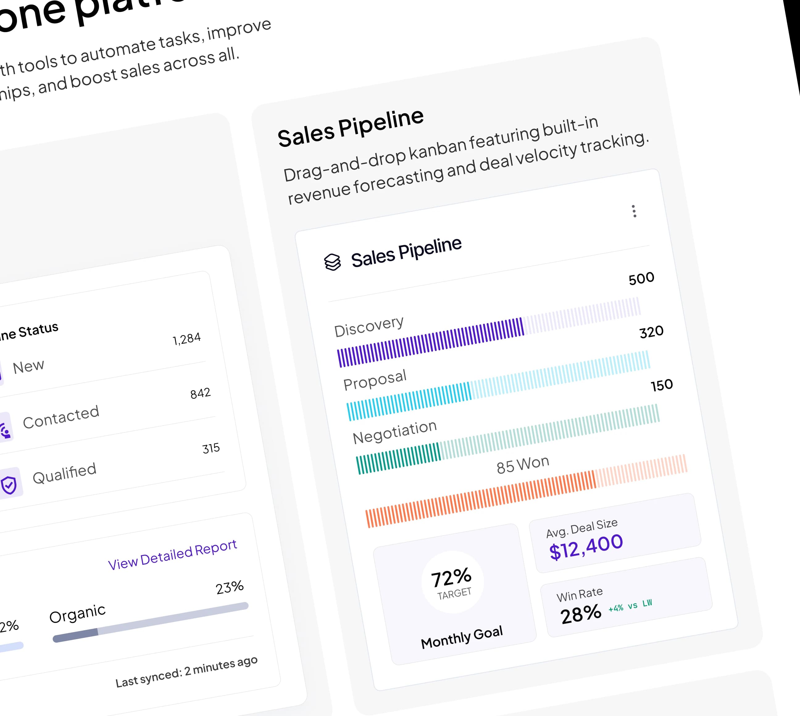 FlowSync CRM dashboard showing sales pipeline stages and deal stats