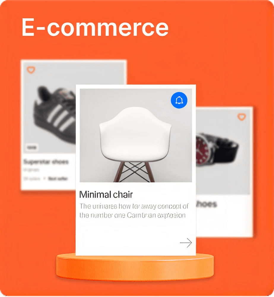 Furniture shopping app product cards on an orange background