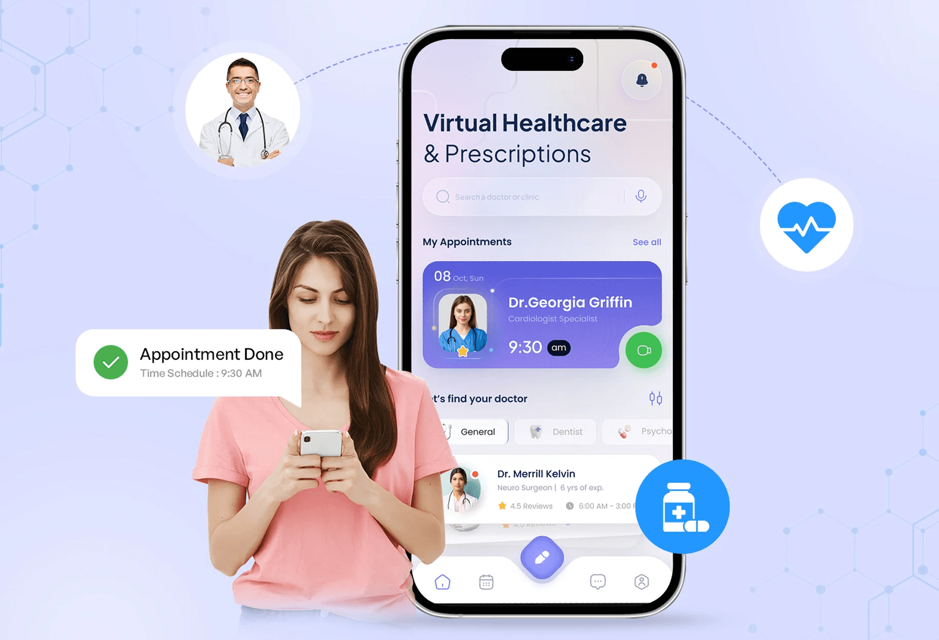 Virtual healthcare app showing a doctor appointment on a phone