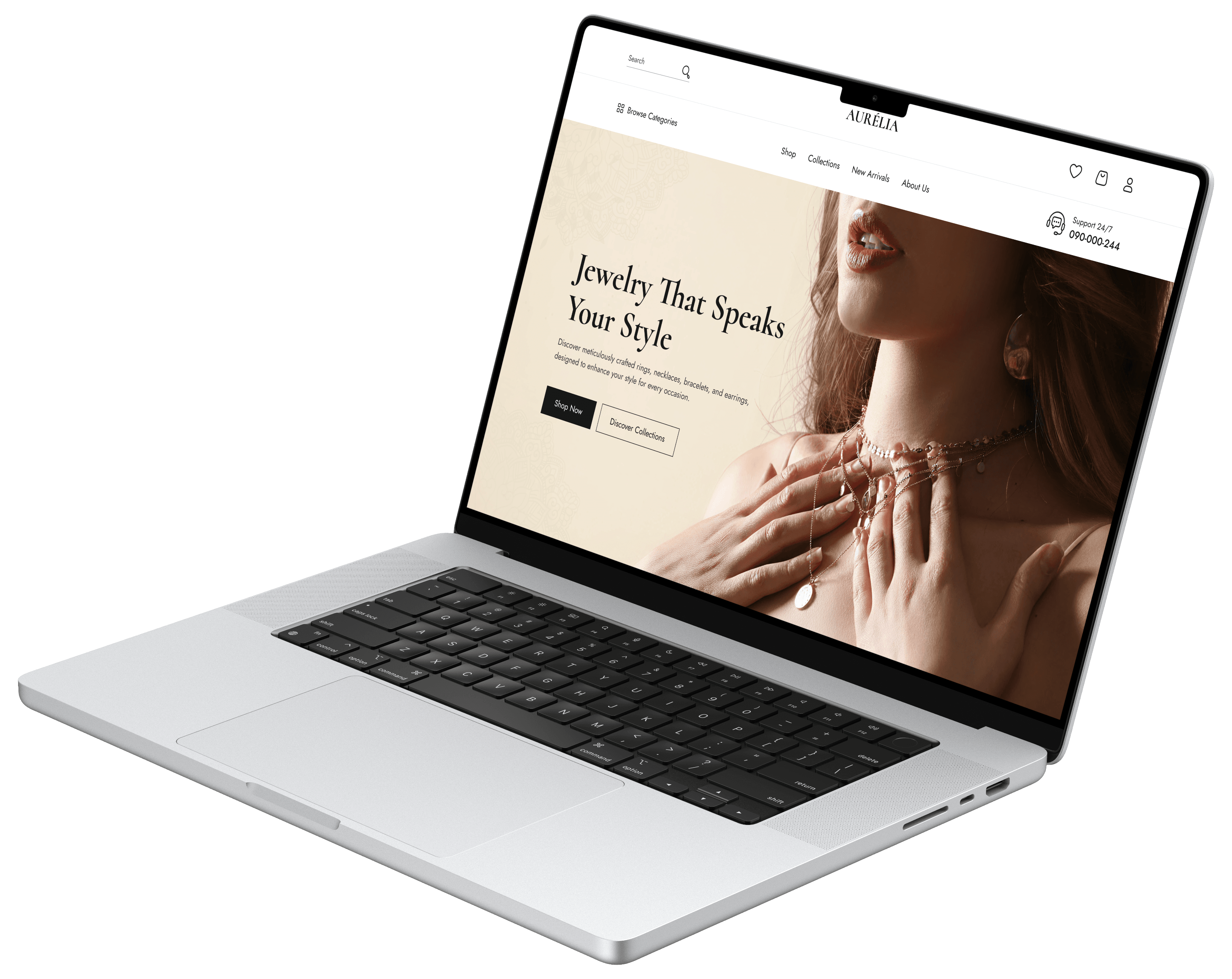 Jewelry e-commerce website shown on a laptop