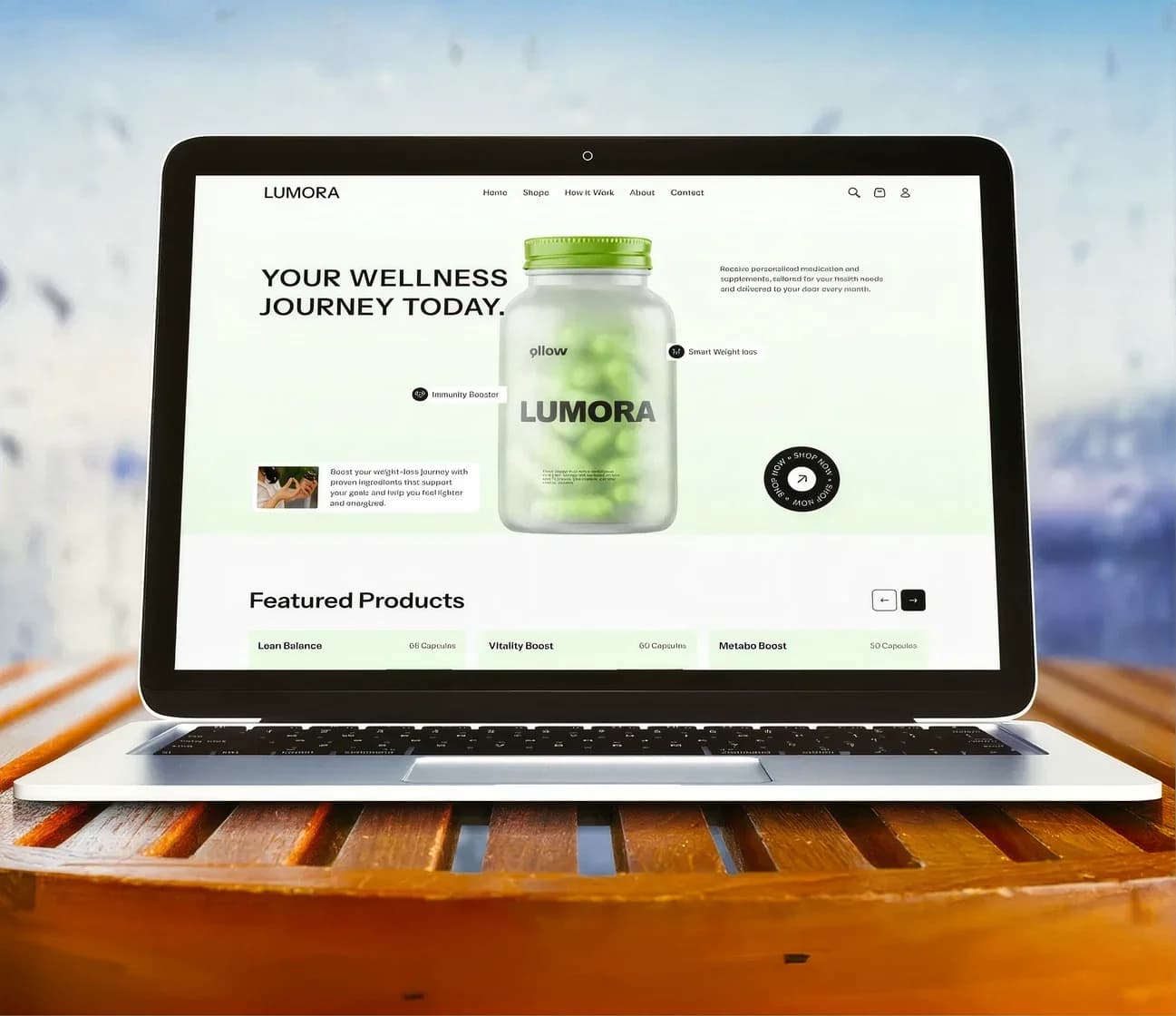 Lumora health and nutrition landing page shown on a laptop