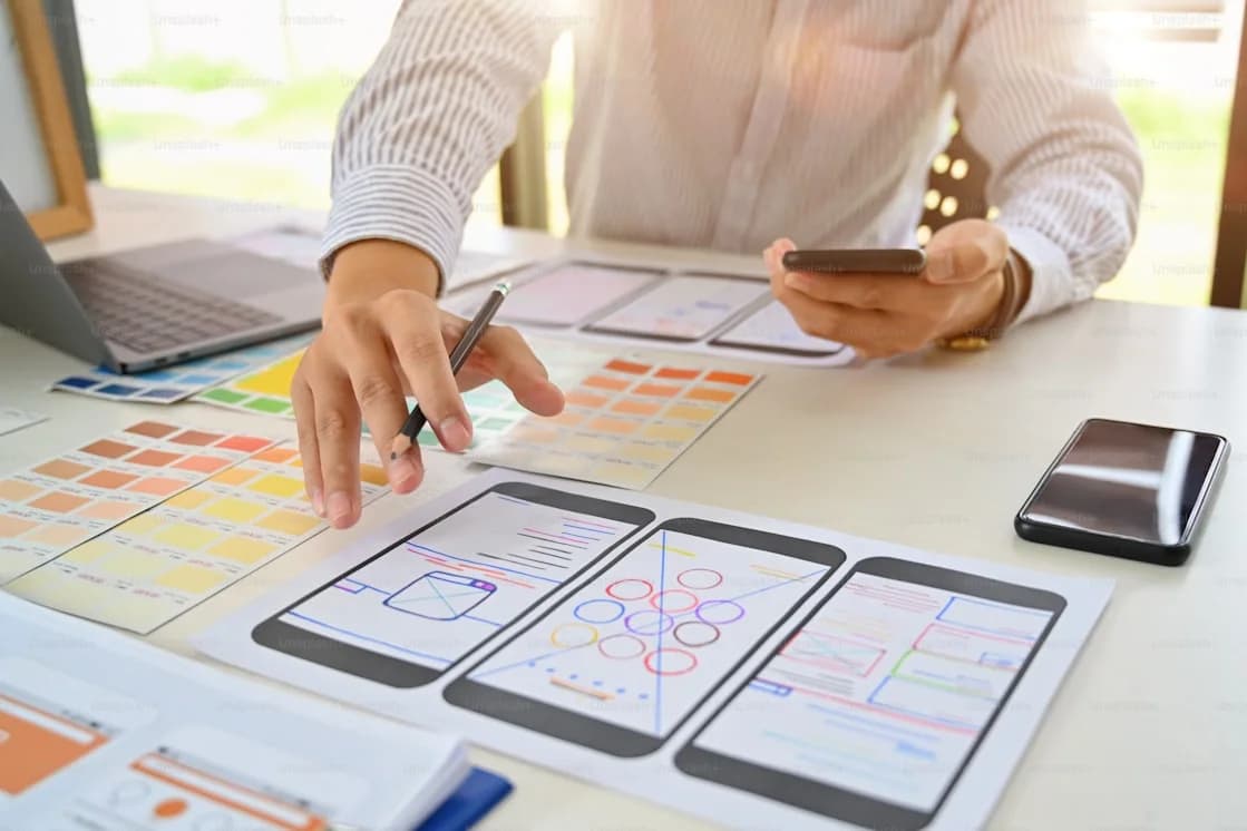 Designer sketching mobile app wireframes beside a color palette