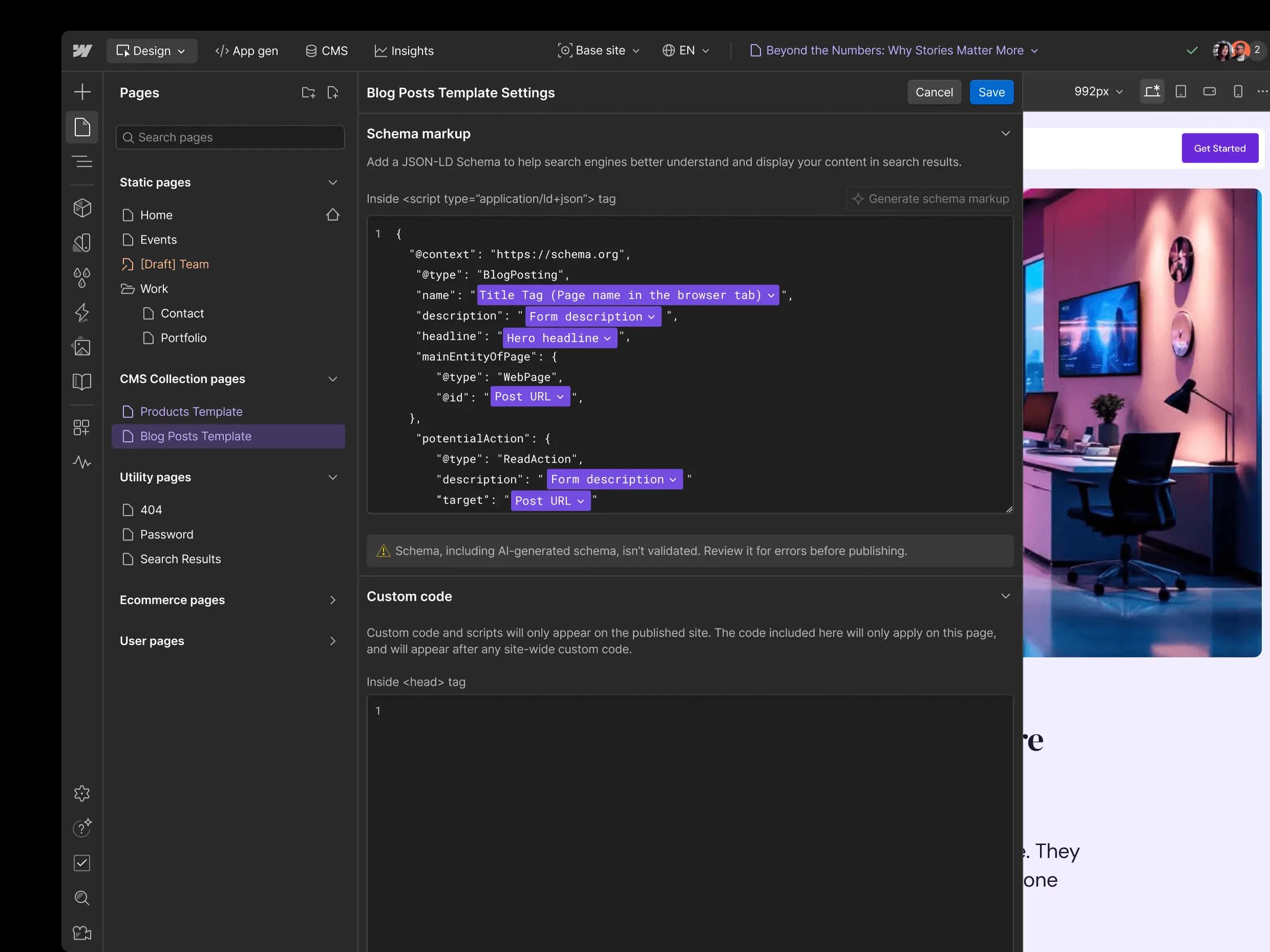 Webflow Designer open on a page with the Pages panel and settings