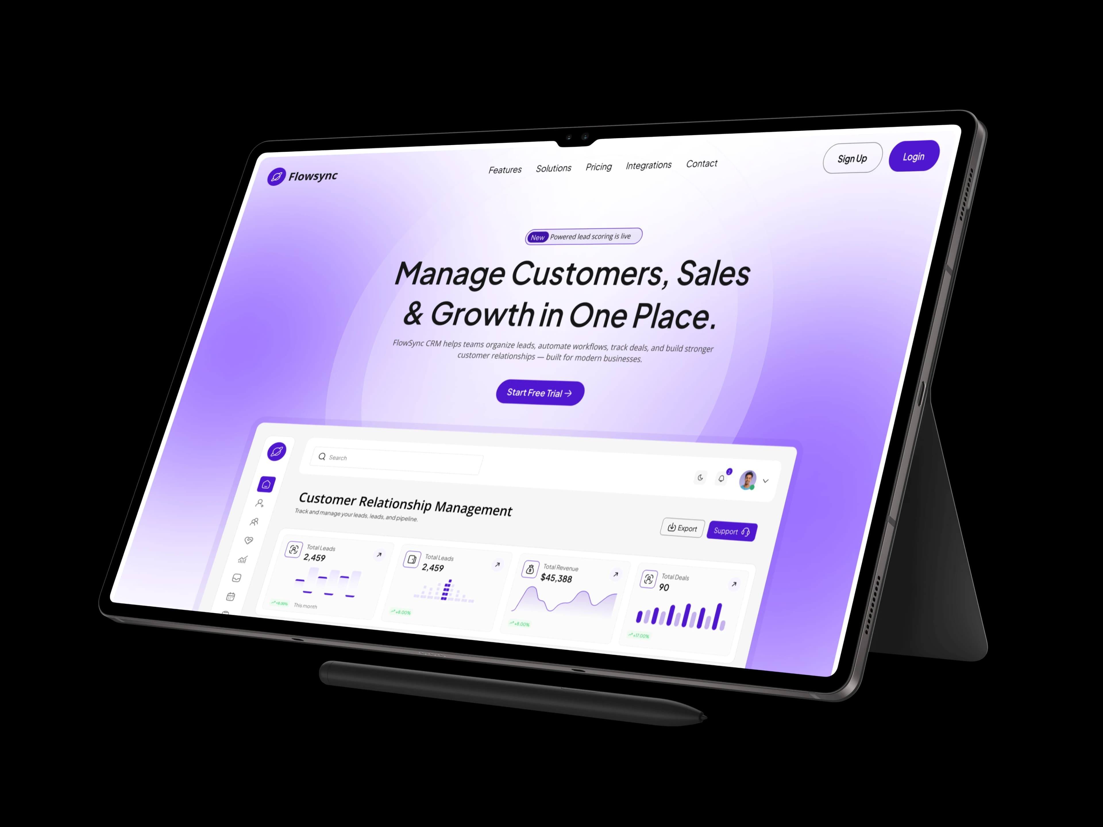 FlowSync CRM dashboard landing page shown on a tablet with keyboard stand