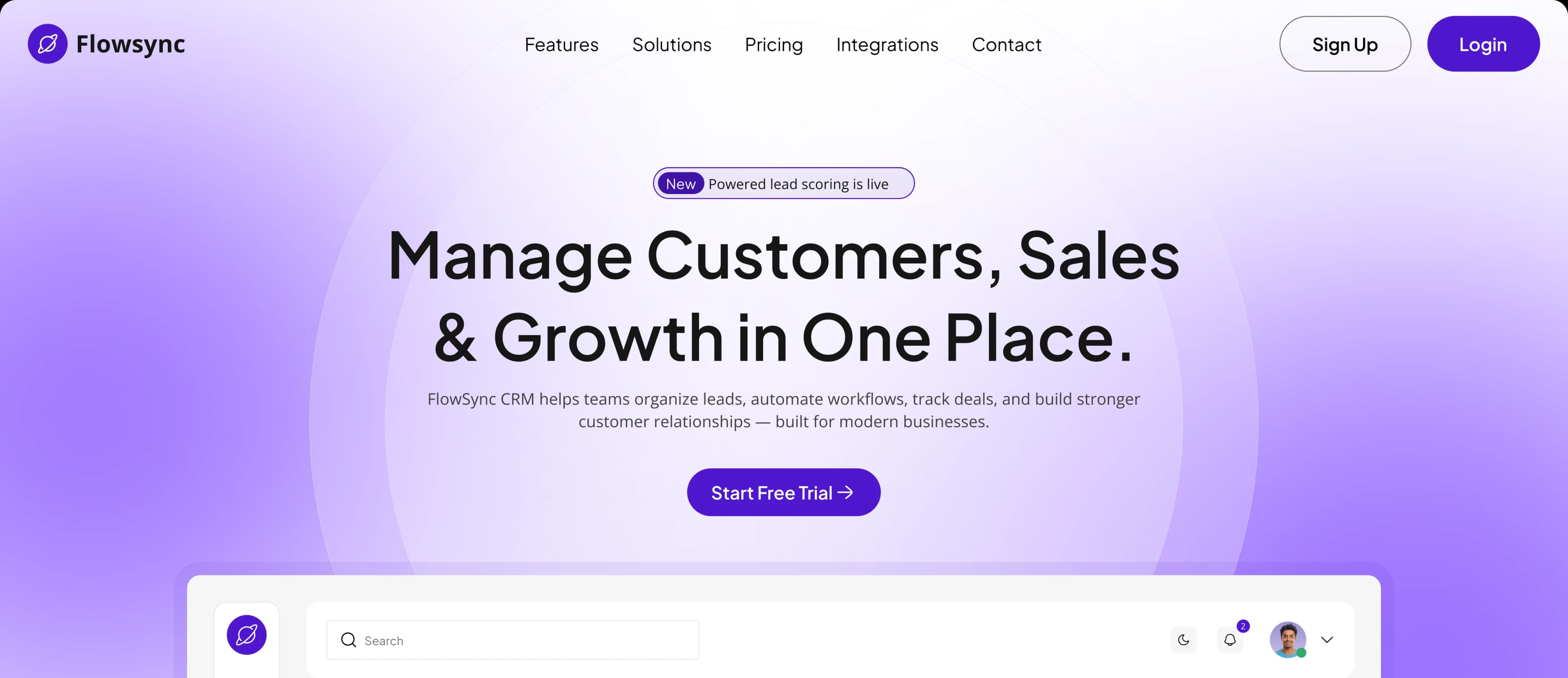 FlowSync CRM hero section preview with a purple gradient background