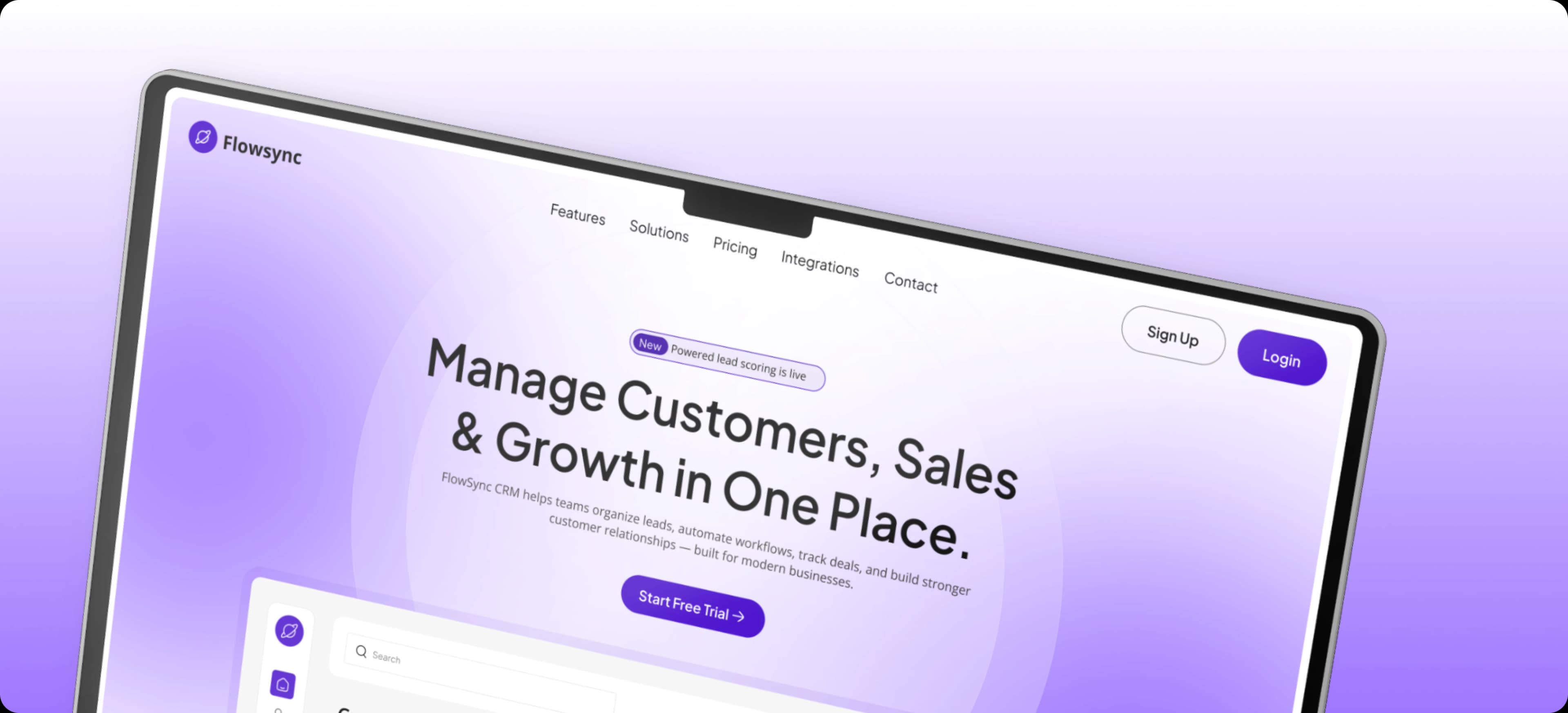 FlowSync CRM hero section preview with a purple gradient background