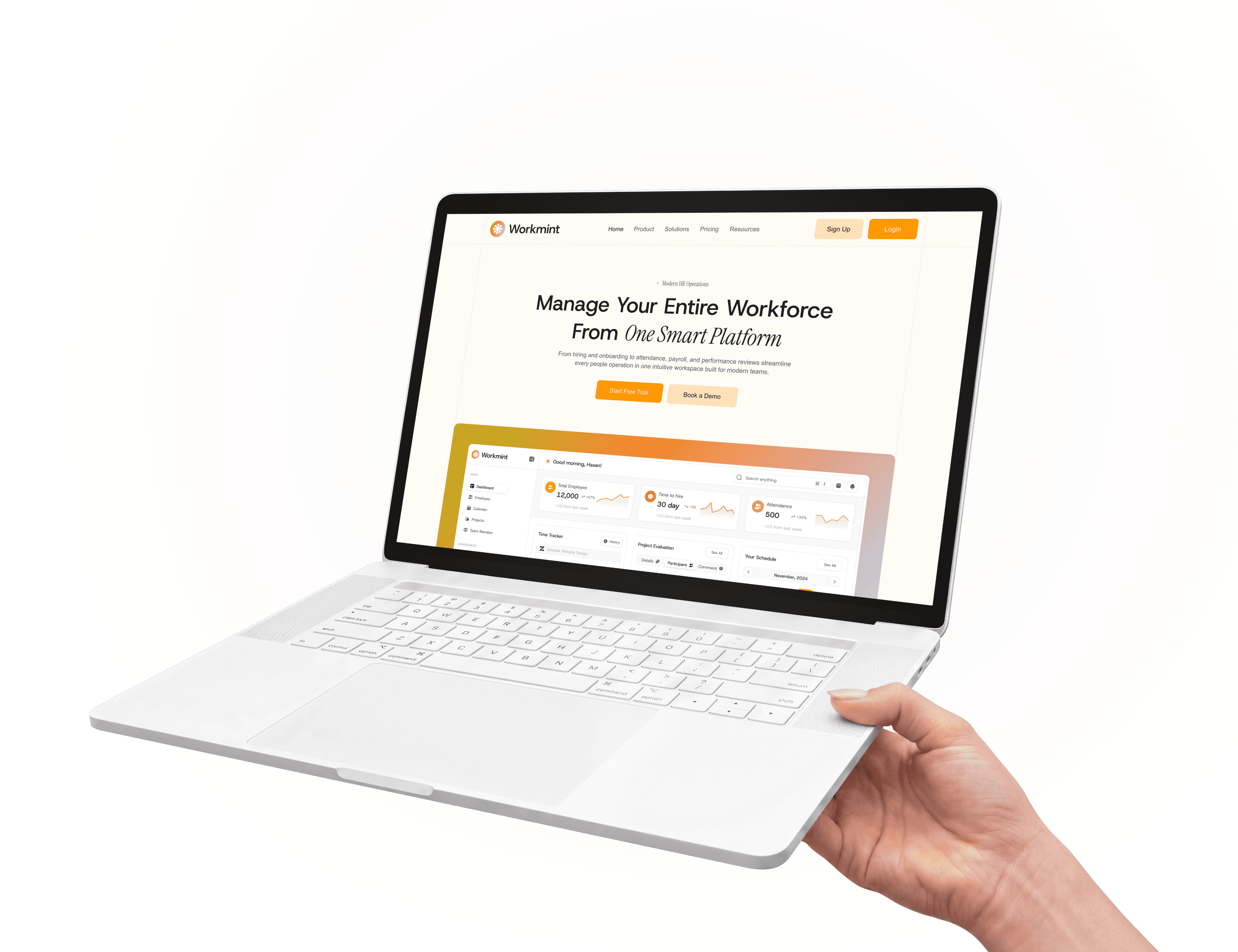 HR SaaS web app dashboard shown on a laptop
