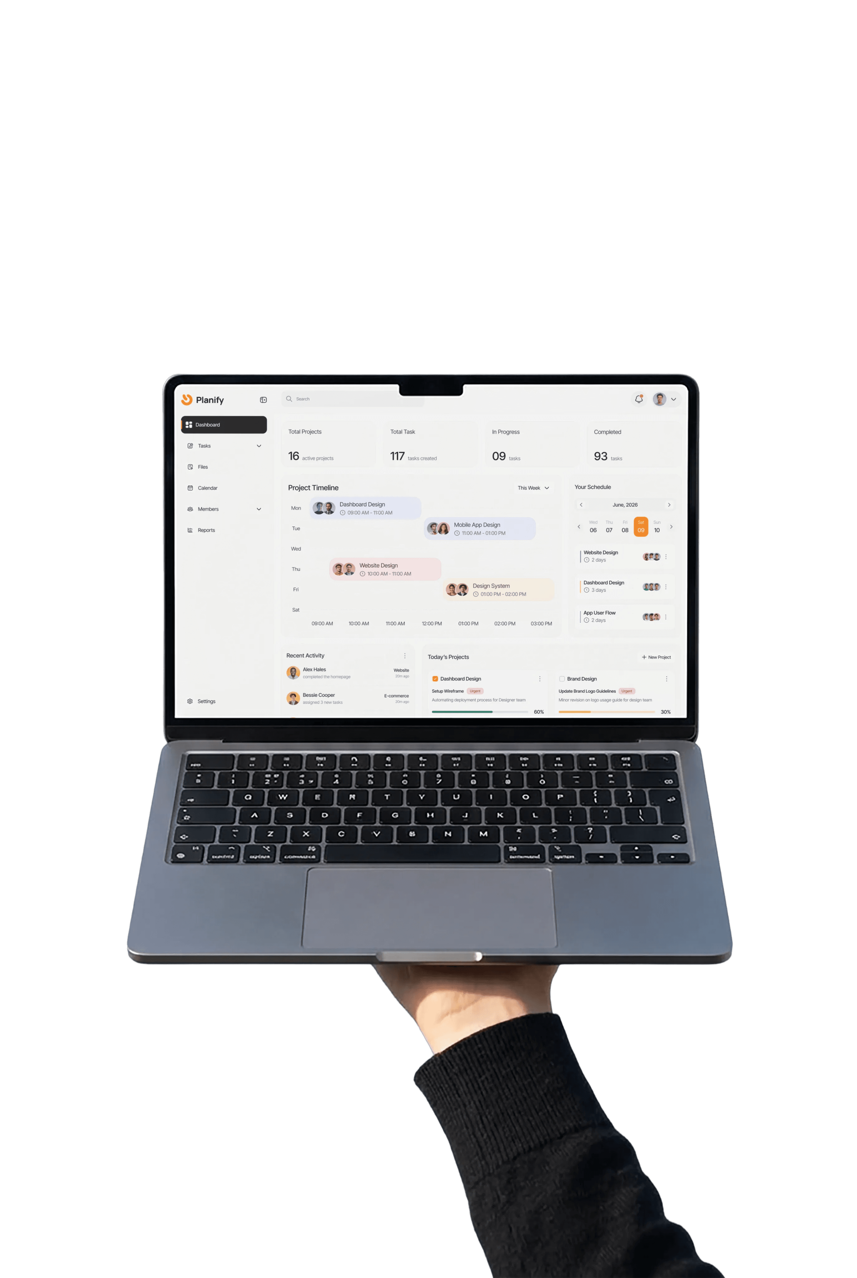 A laptop showing a project dashboard, held up on one hand